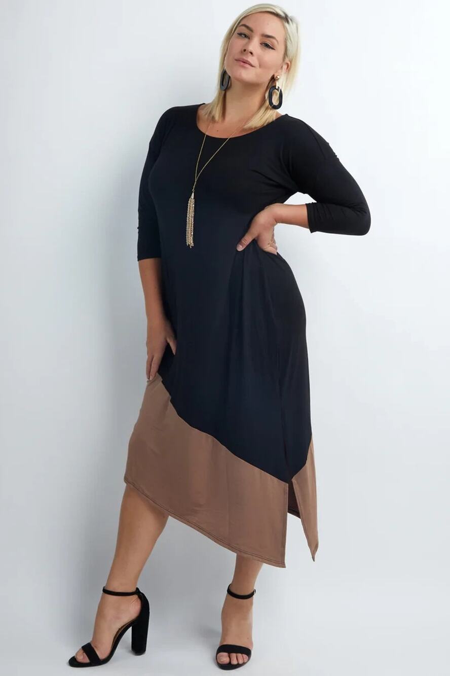 NEW Savvi Sol Women's Black White Colorblock Asymmetric Slit Midi Dress Size M